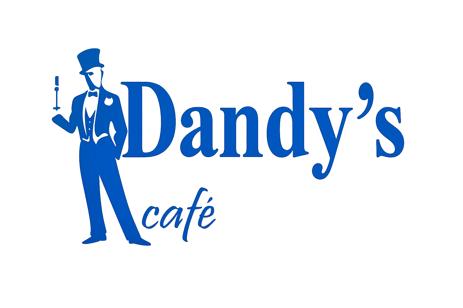 Dandy’s Café logo in blue with elegant gentleman silhouette