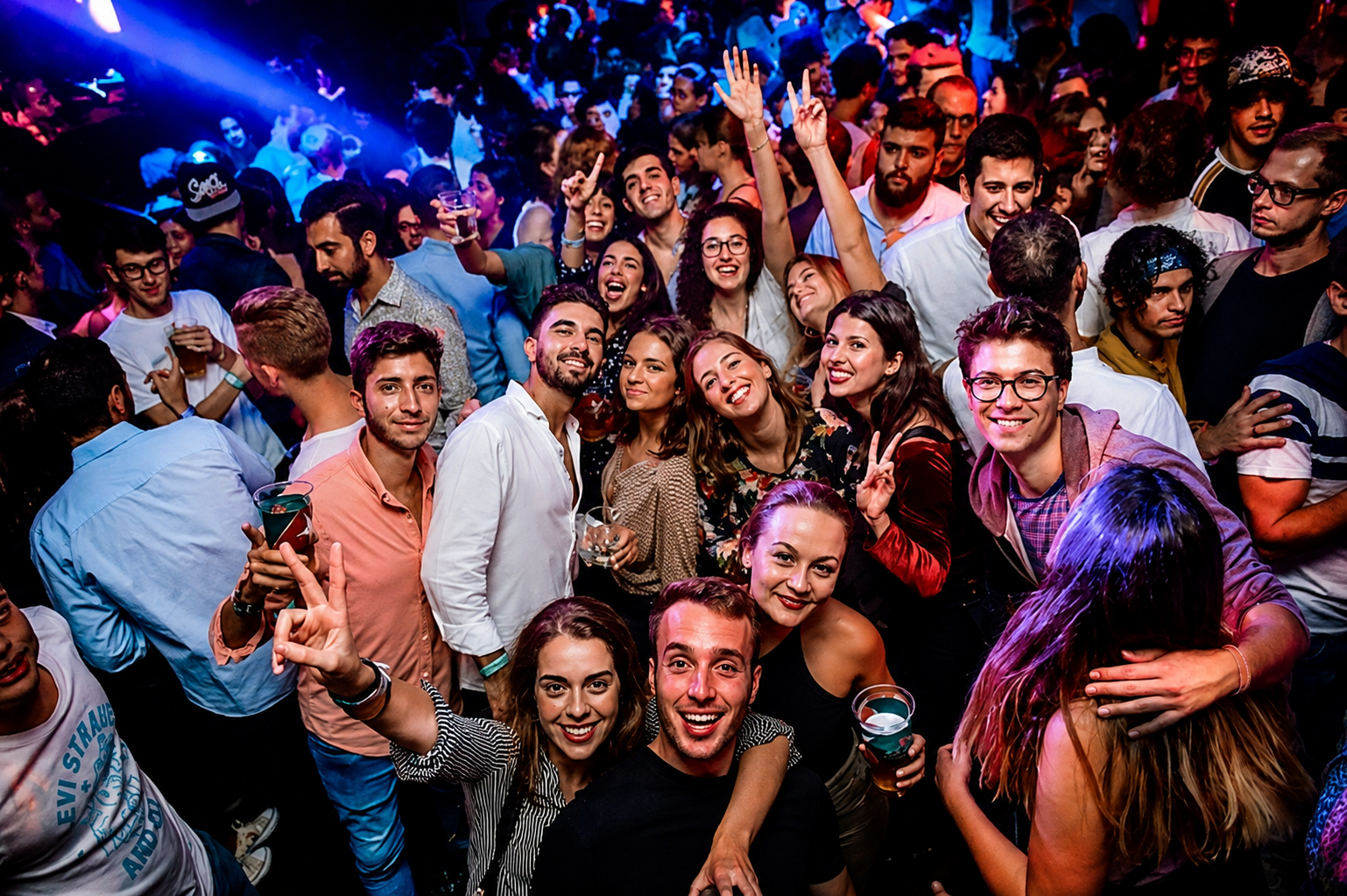International party crowd dancing during a Pub Crawl Paris club night