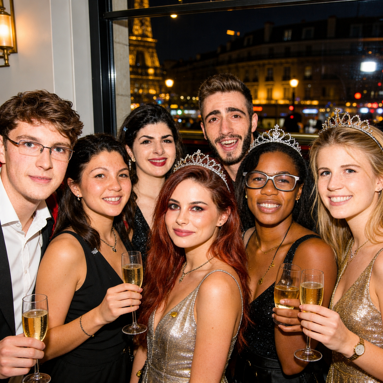Friends raising champagne during a New Year’s Eve Pub Crawl Paris celebration