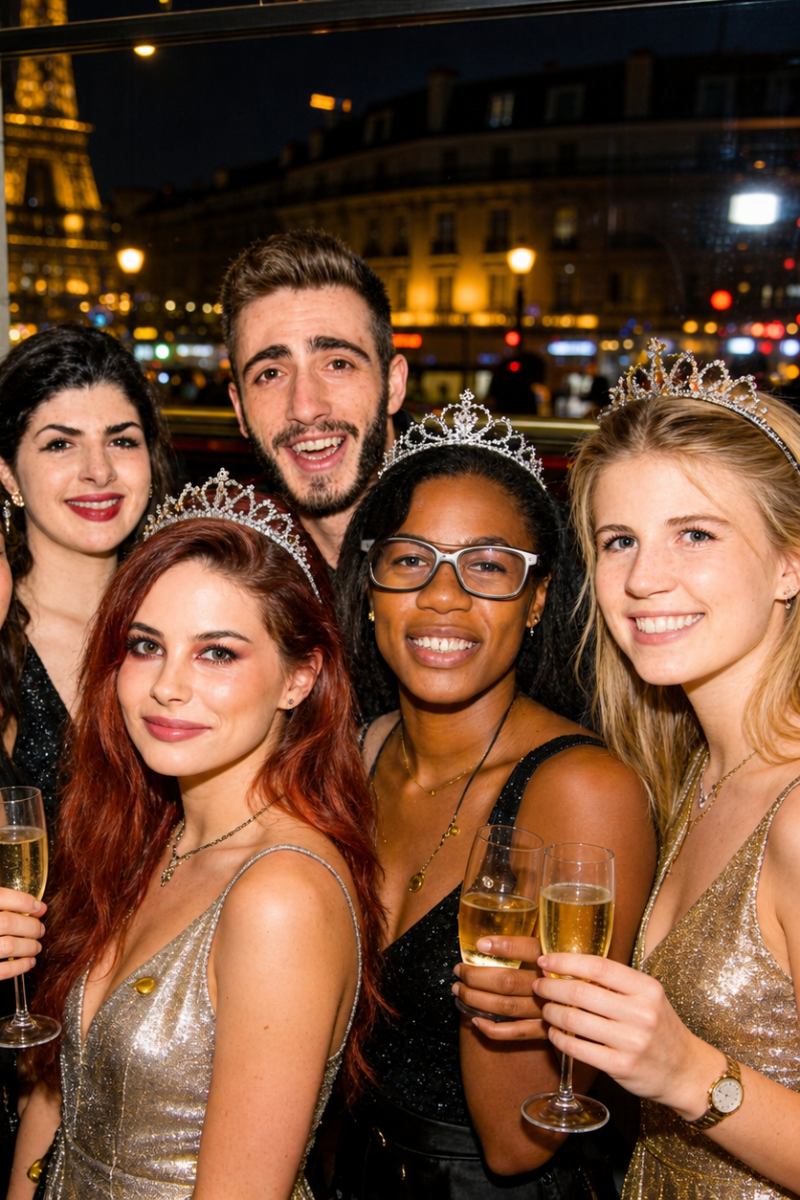 New Year’s Eve party guests with champagne and Eiffel Tower views in Paris