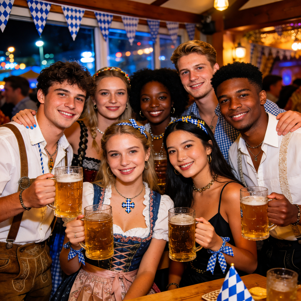 Friends raising beer steins during an Oktoberfest-style Pub Crawl Paris night